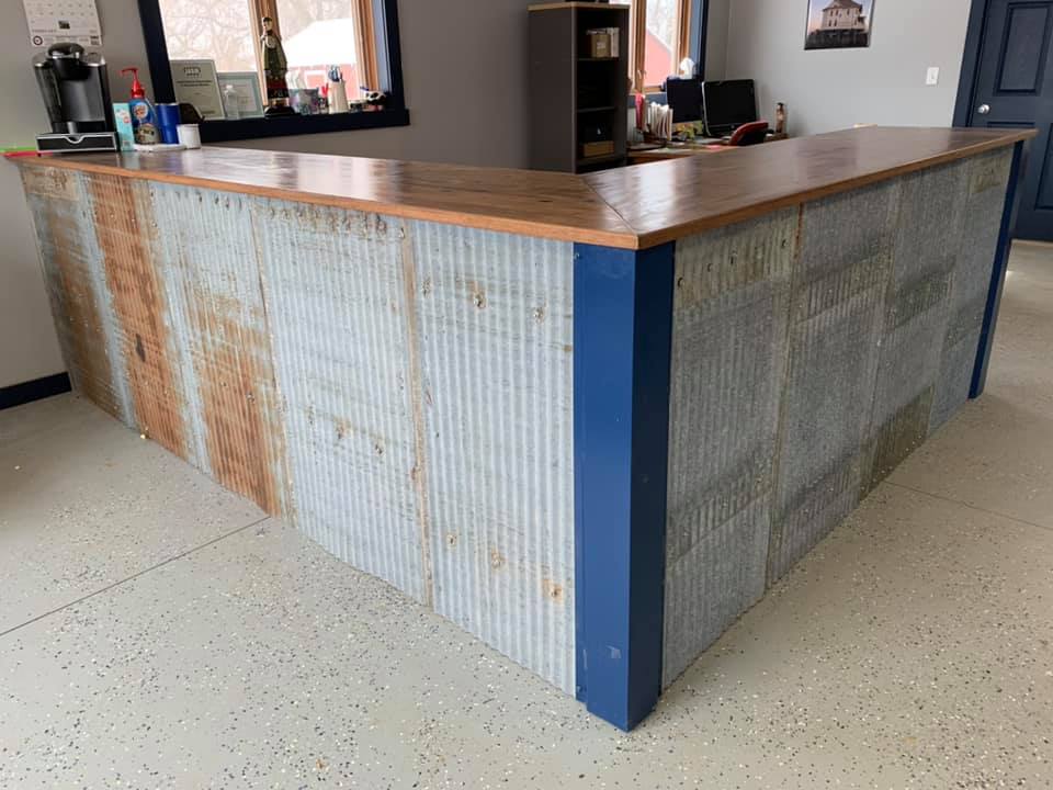 wood countertops, rustic bar area, office counter, reclaimed barn wood and steel roofing siding, repurposed materials, custom carpentry