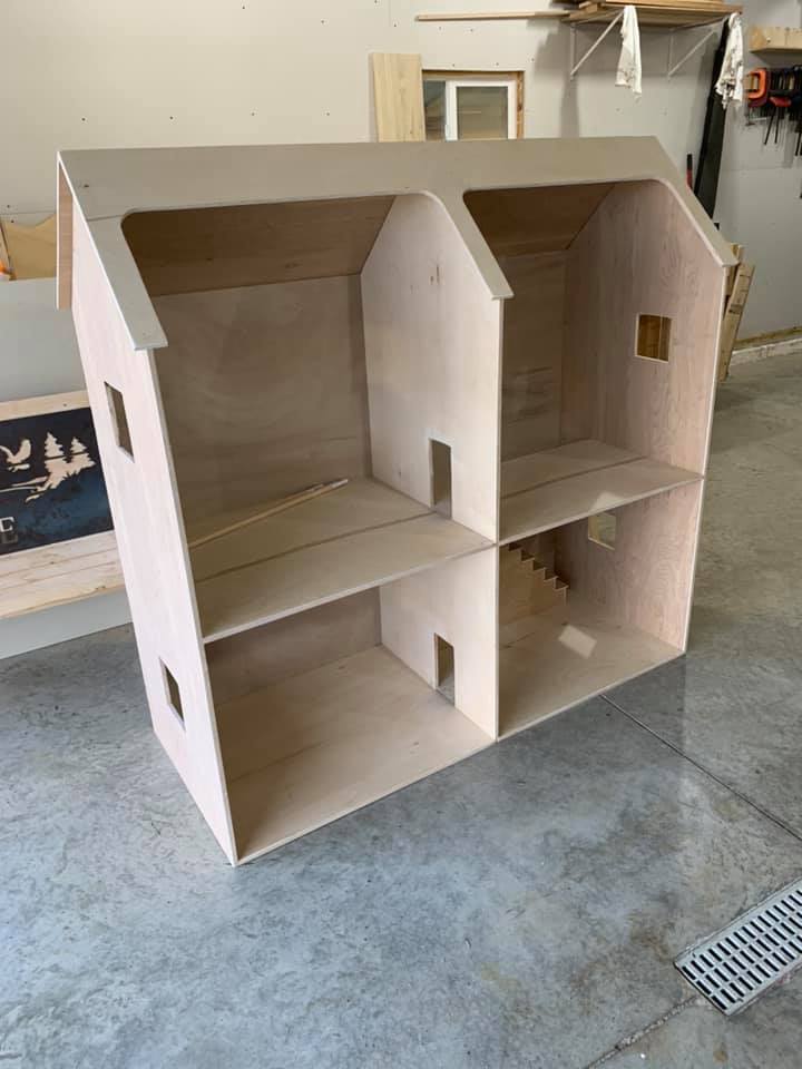Custom wood play house/doll house for kids. Hand crafted from oak. Woodworking done by Sticks Woodshop in Cold Spring, MN