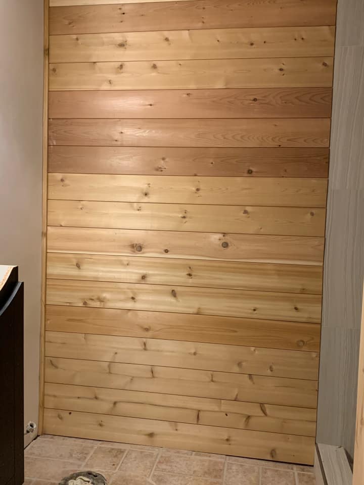 Cedar wood accent wall for basement remodel project in St. Cloud, MN.