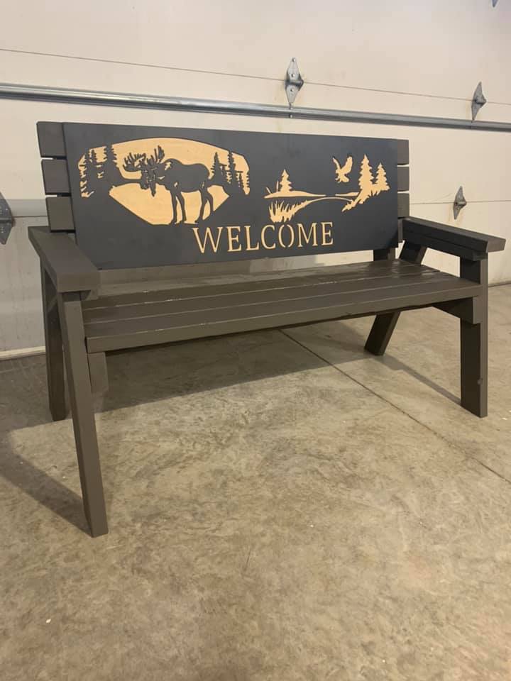 wood bench, outdoor seating, custom metal backrest, custom engraving, affordable outdoor furniture ideas for backyard environments and living spaces.